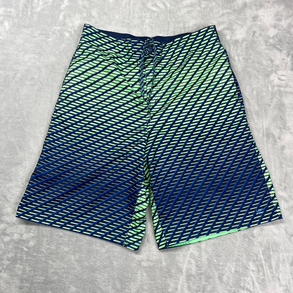 Nike Shorts Mens L Blue Green Patterned Board Swim Trunks Surfer Mesh Lined Y2k
